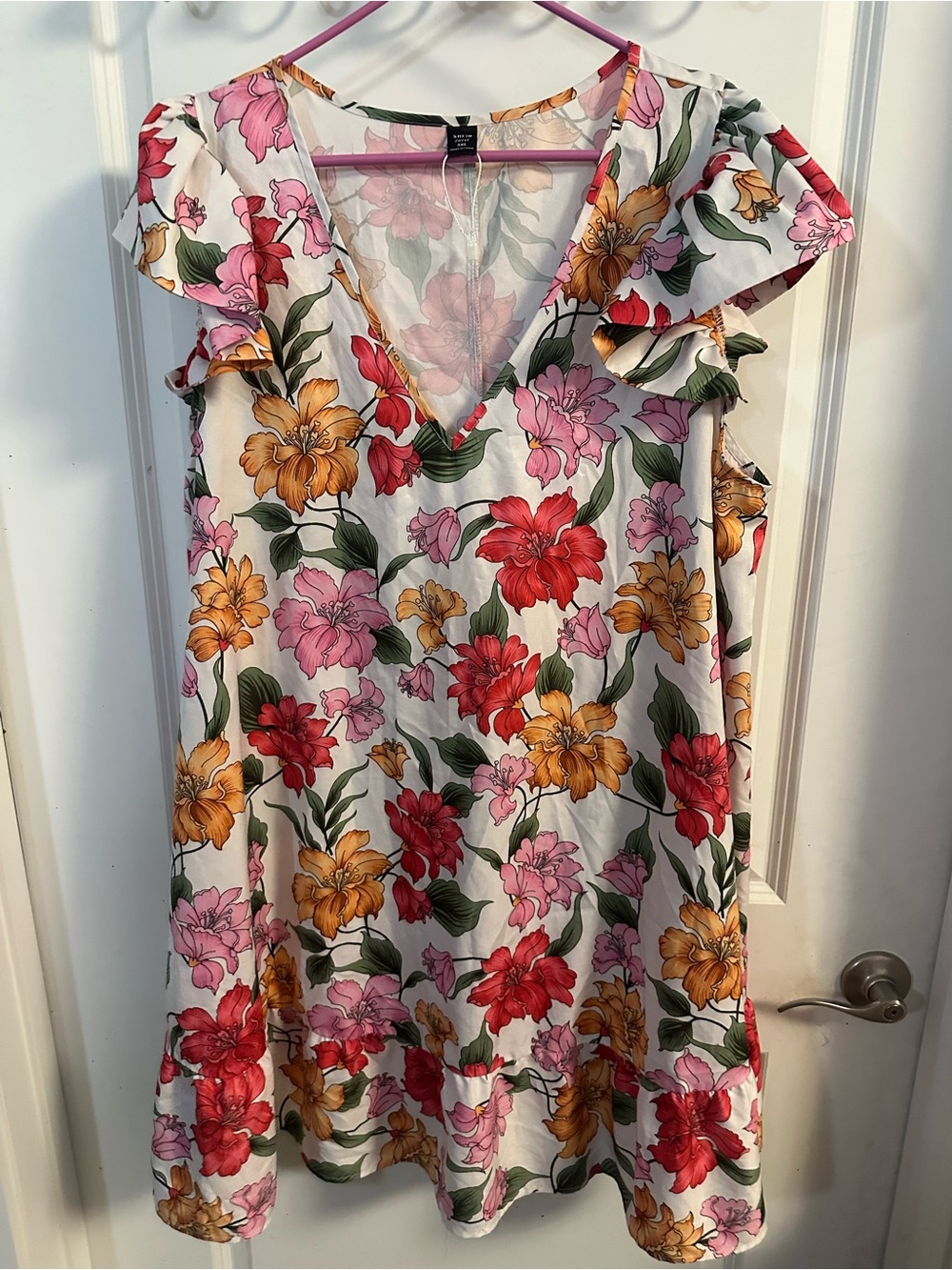 SHEIN White Midi Dress with Pink, Red & Yellow Floral Print
